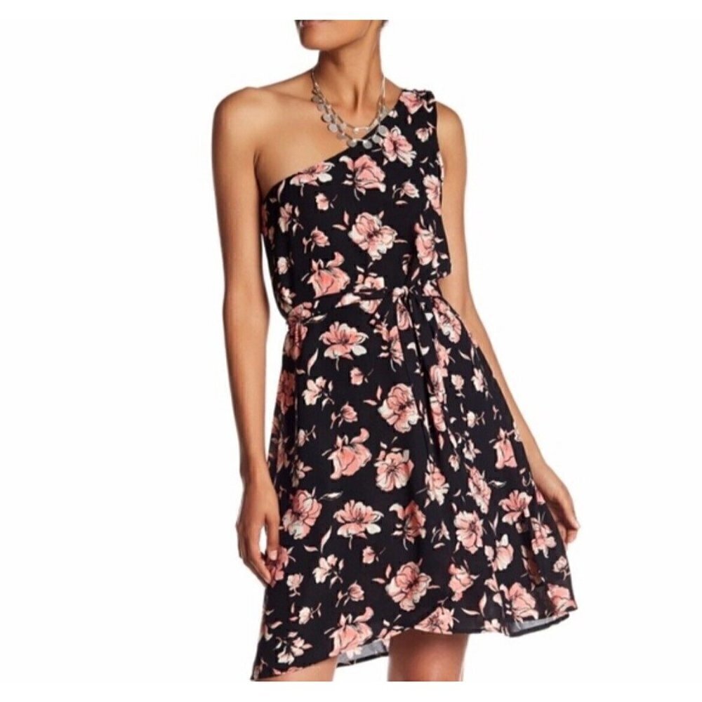 DR2 By Daniel Rainn Women Floral One Shoulder Dress Tied Waist Size S Black Pink